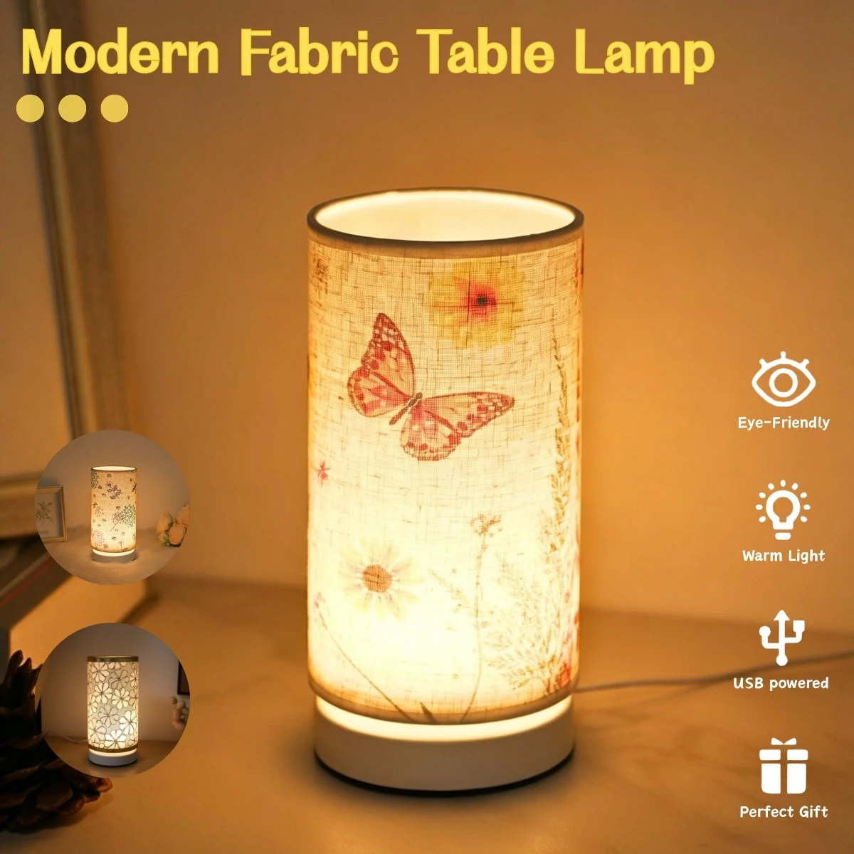 1pc Modern Minimalist Round Fabric Table Lamp, USB‑Powered Night Light, Warm Soft Light, Decor for Bedroom & Living Room