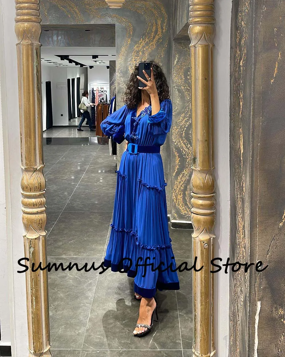 Sumnus-vestidos de noite azul royal com cinto, linha A, árabe saudita, manga comprida, perolização, apliques, Dubai elegante, vestidos de baile com cinto