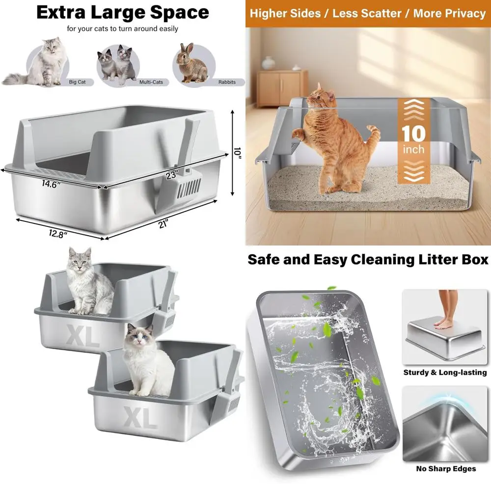 

2-Pack Extra Large High-Sided Metal Cat Litter Boxes with Lid, Scoop & Mat, Easy Clean, Non-Stick, Odorless