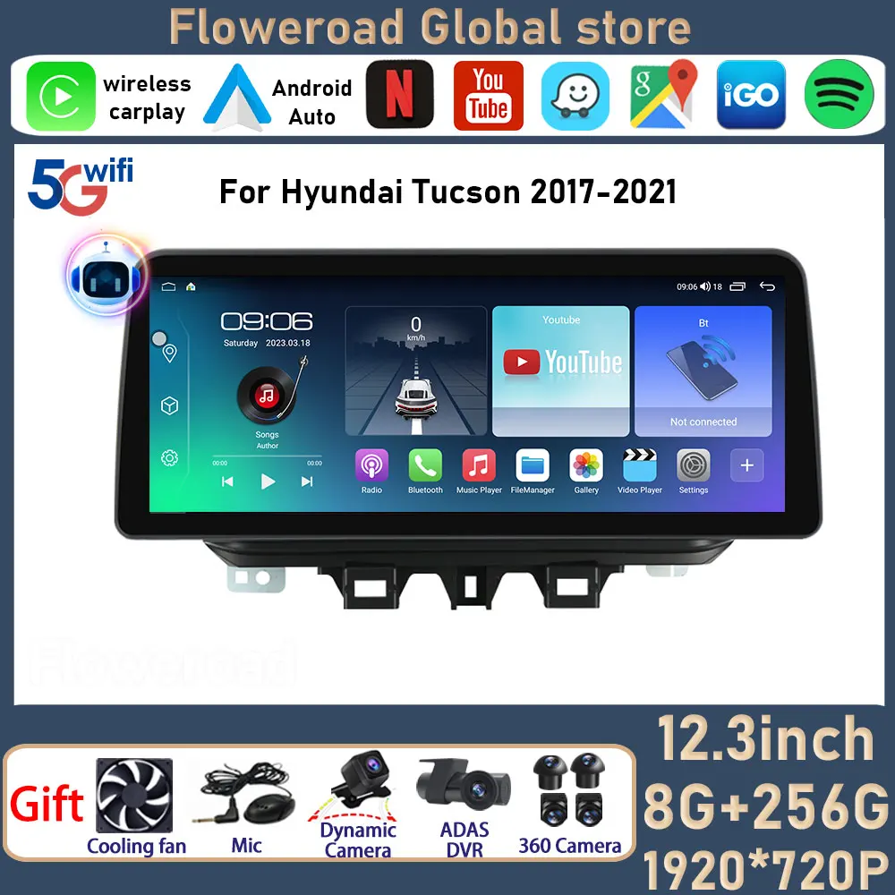 12.3 Inch For Hyundai Tucson IX35 2017 - 2021 QLED Screen 8+256G Android Auto Car Multimedia Video Player Radio GPS Navigation