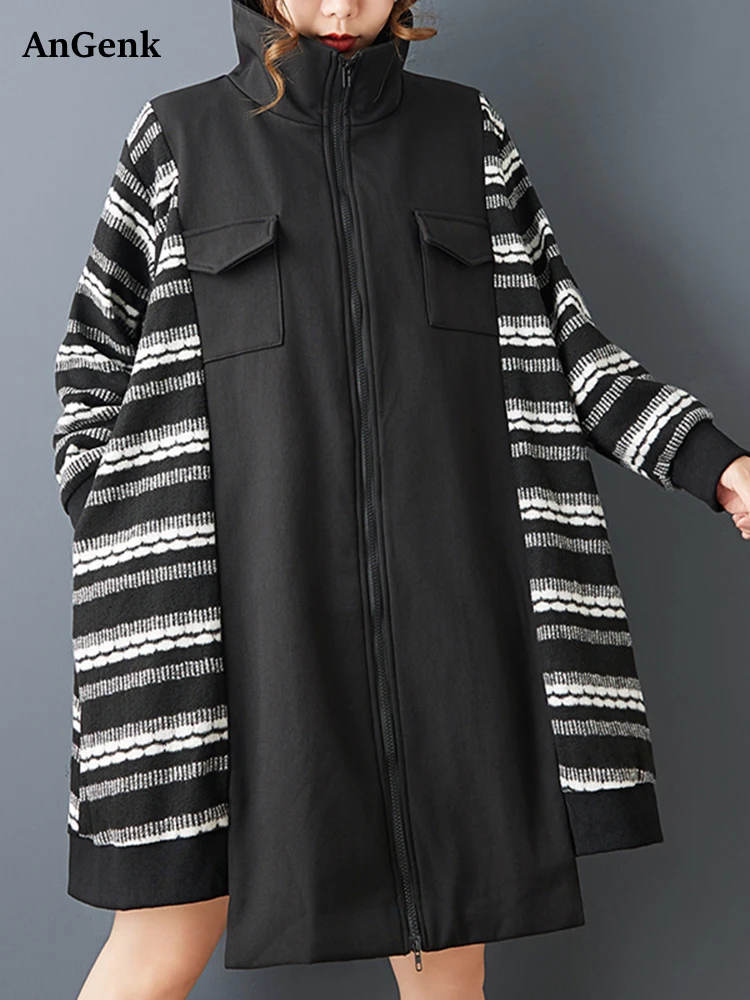 

Винтажный плащ большого размера в нерегулярную лоскутную полоску для женщин, новая повседневная свободная модная верхняя одежда, весна-осень 2025