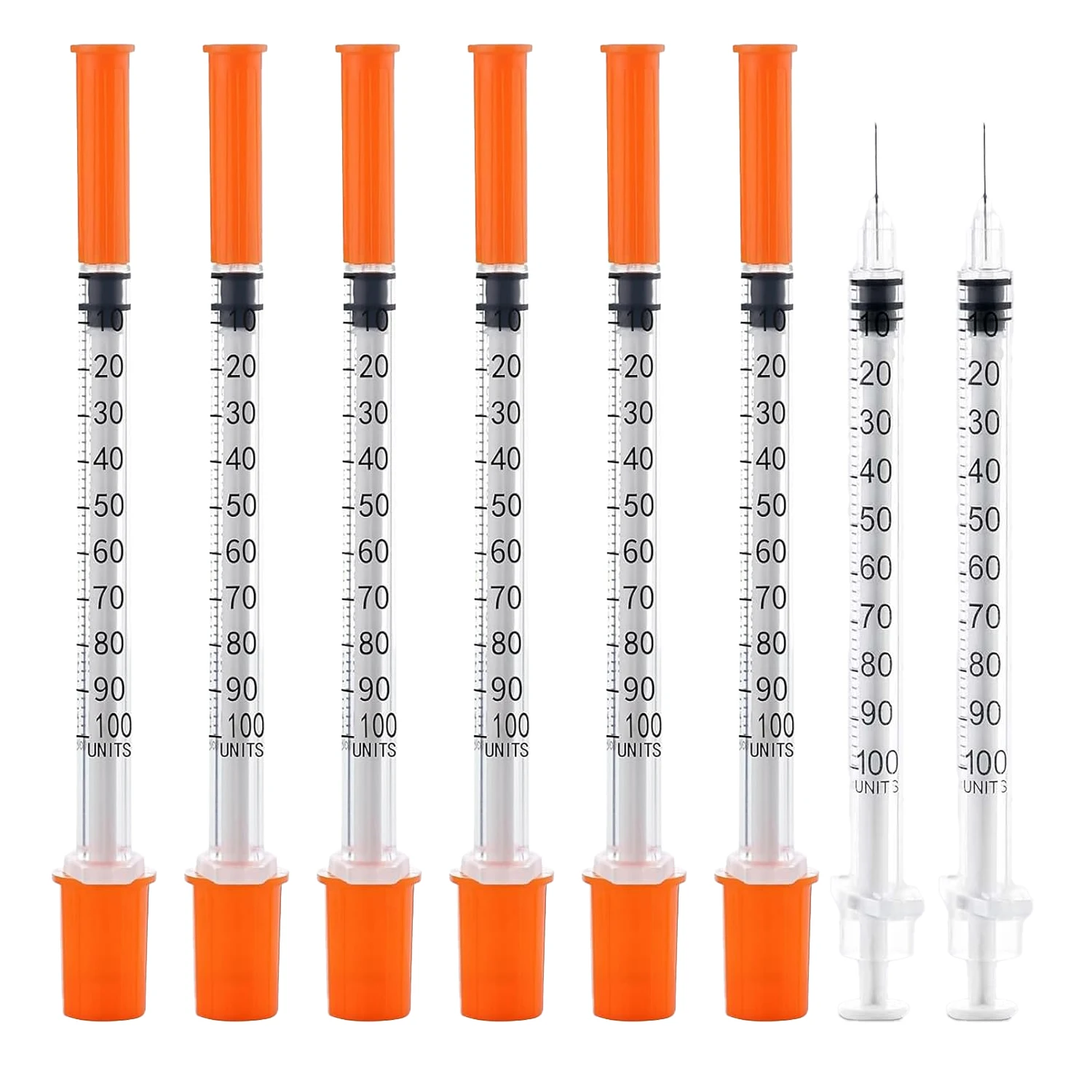 25/80 Stück 1ml sterile Einweg-Insulinspritzen mit 30/31G 8mm Nadel & orangefarbenem Kappe, einzeln verpackt für Haustiere & Nutztiere – Detail 1