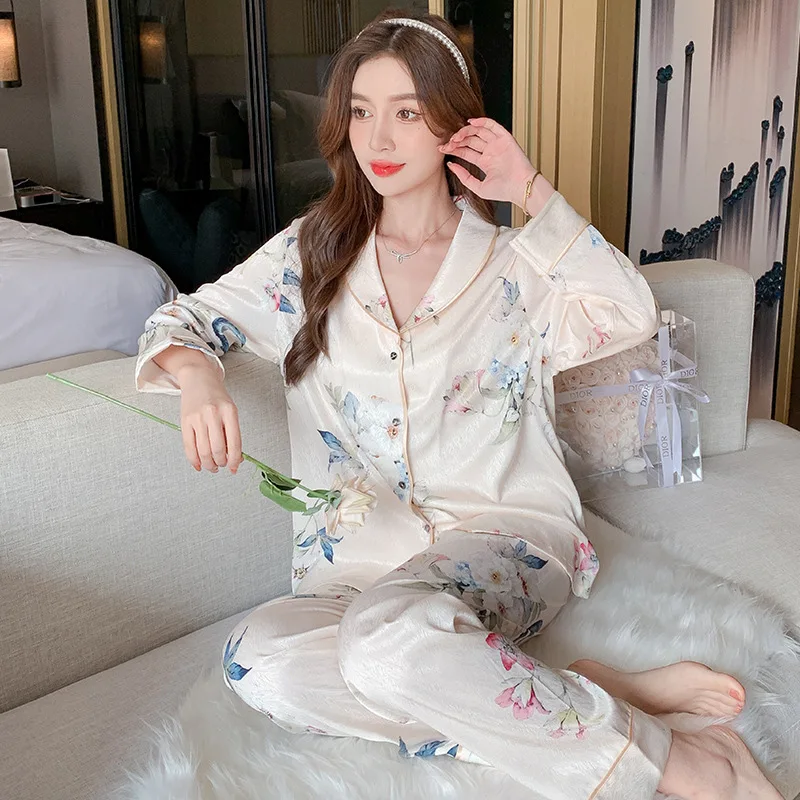 Long Sleeved Pants Pajama Set Fashionable Printed Lapel Sleepwear Loose Casual Nightwear Women's Satin Loungewear Home Clothes