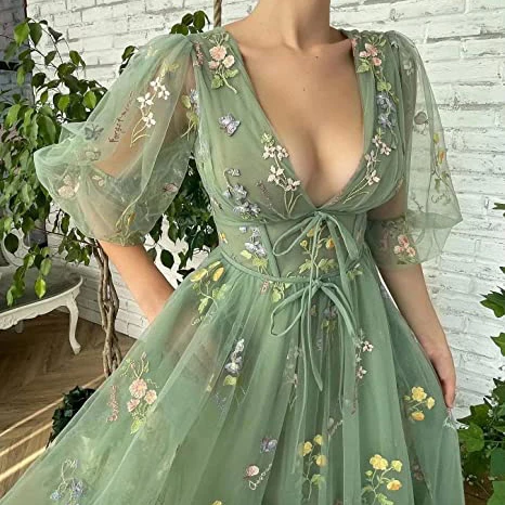 Flower Women Prom Party Dress Long Sleeve Evening Dresses Gown Green Sweet Square Collar Lace Robe De Soiree