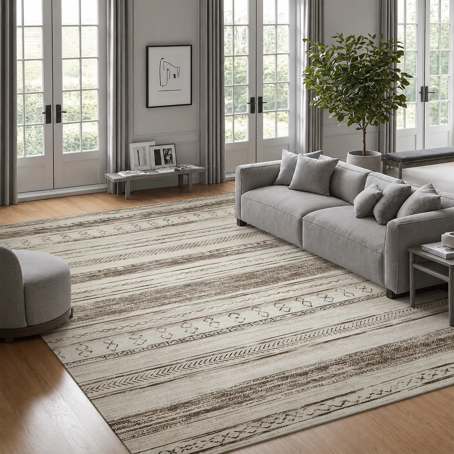 Large Indoor Area Rug, Soft Velvet Low Pile Non-slip Dotted Backing, Machine Washable Neutral Tribal Striped Floor Rug for Living Room, Bedroom, Entryway