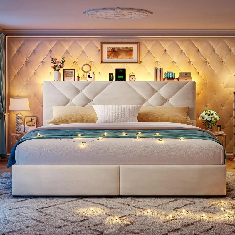 Estructura de cama tamaño King con 2 cajones de almacenamiento y cabecera, estructura de cama con plataforma de terciopelo con luces LED y estación de carga