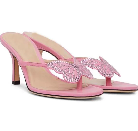 

Moraima Snc 2024 Summer Pink Leather High Heel Sandals Women Rhinestones Butterfly-knot Thin Heels Slides