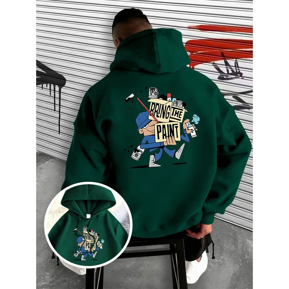 Cartoon Painter Graffiti Letter Graphic Hoodie for Men Long Sleeve Loose Pullover Hooded Sweatshirt Hip Hop Casual Tops
