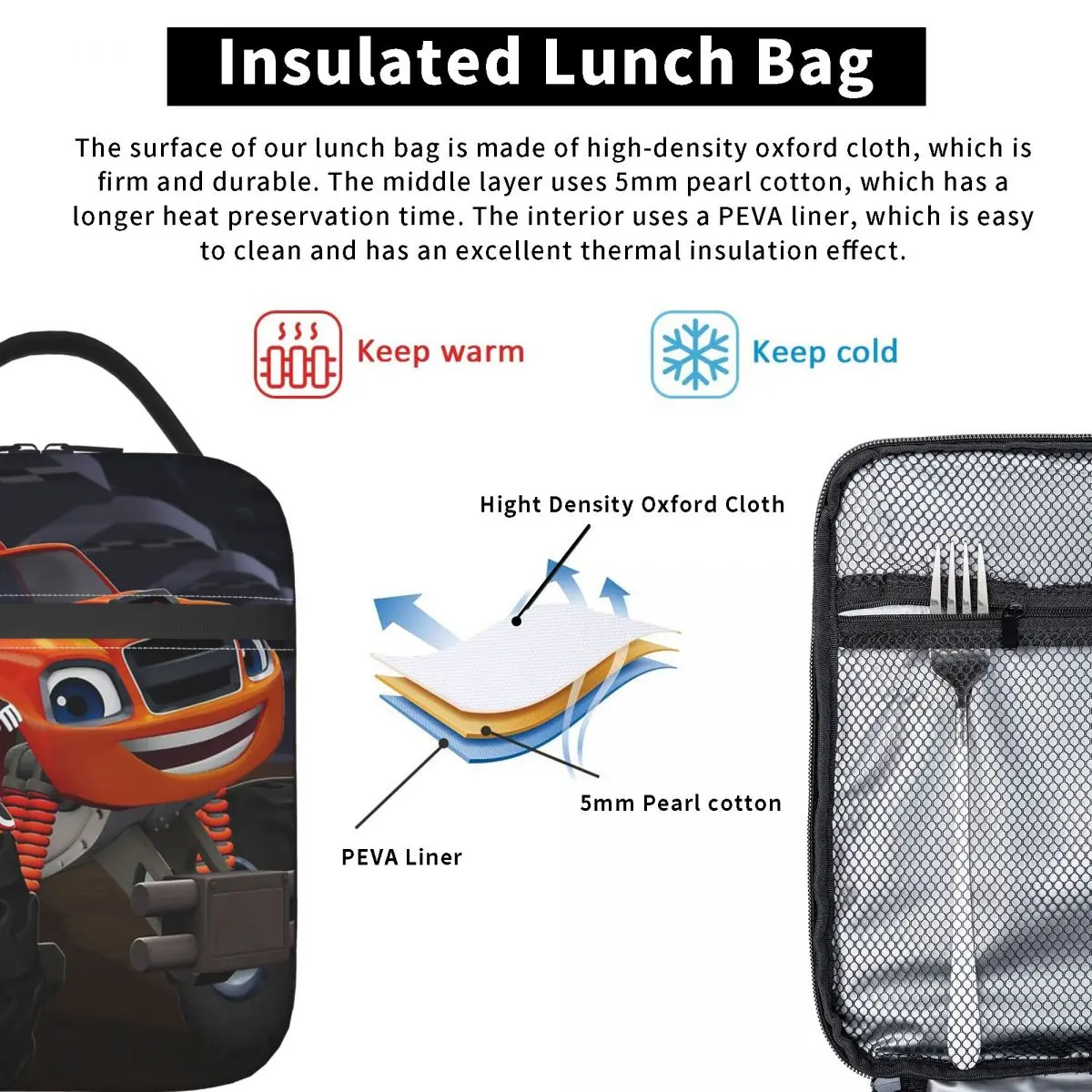 Blaze And The Monster Machines Insulated Lunch Bag for Women Kids Portable Food Boxes Thermal Lunch Box Tote
