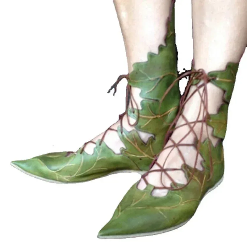 

NewWomen Gothic Medieval Retro Elf Witch Leaves Lace Up Shoes Cosplay Costume Vintage Princess Palace Carnival Party Knight Boot