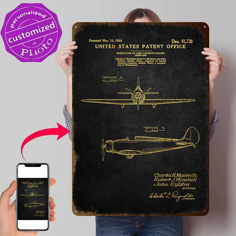 71 1934 Boeing Open Cockp Personalized 3D Textured Metal Poster Wall Art Tinplate Sign for Decoration Home Decor Items House