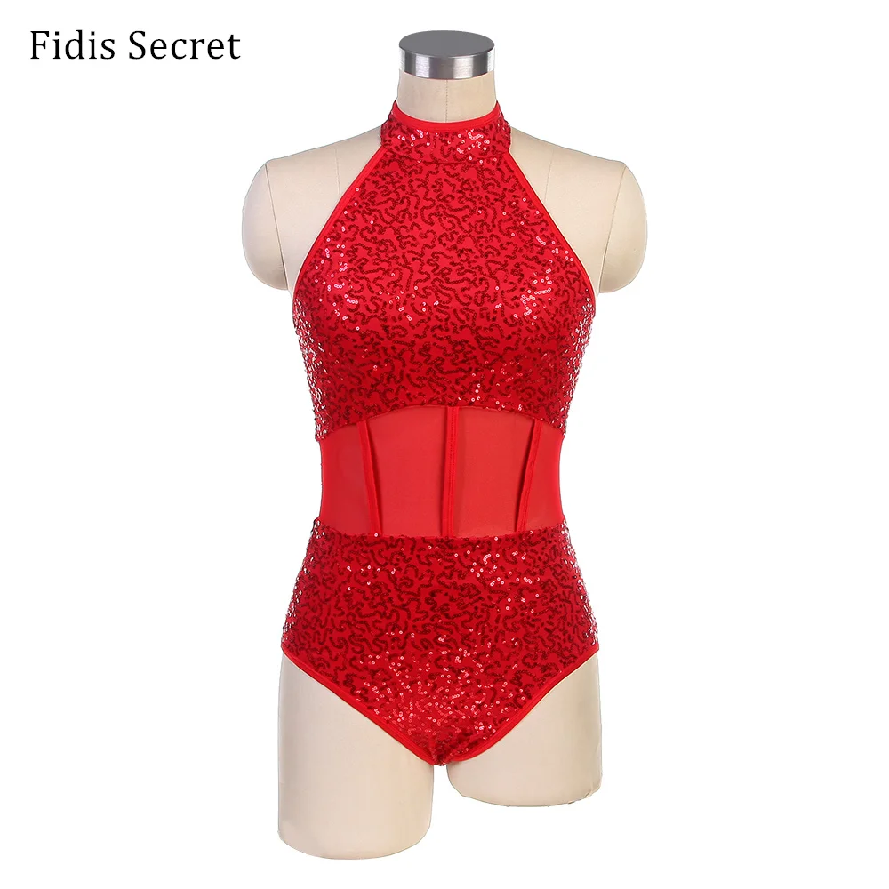 Women Girls Ballet/Jazz/Tap/ Pole Dancing Stage Performance Costumes,Halter Neck Red Shining Sequins Bodice Leotard Dance Wear