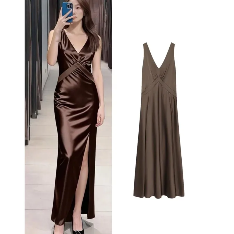 Femmes printemps longue robe en Satin mode col en V avec larges bretelles mode femmes ourlet évasé robe longue femme Chic robes de soirée