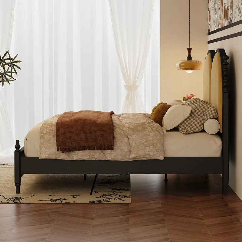 Letto tutto in legno massello Borsa morbida medievale francese americana Camera da letto principale in legno di frassino nero Letto matrimoniale da 1,8 metri