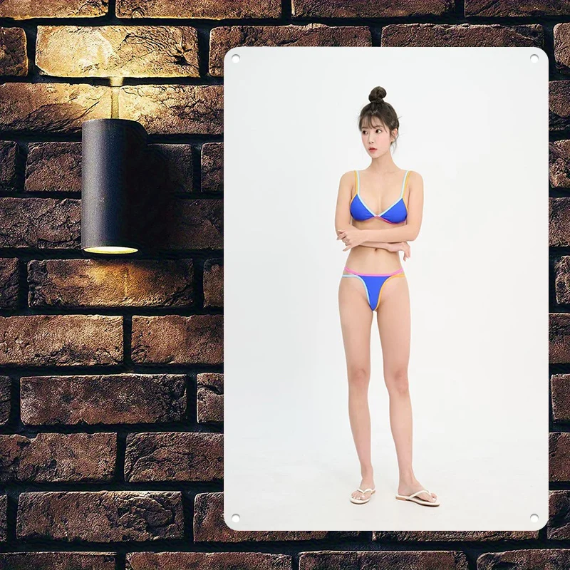 Tropical Swimsuit Girl Tin Sign - 2D Flat Design - Cute & Sexy Beach Girl Metal Art - Perfect for Poolside, Bedroom or Bar Decor