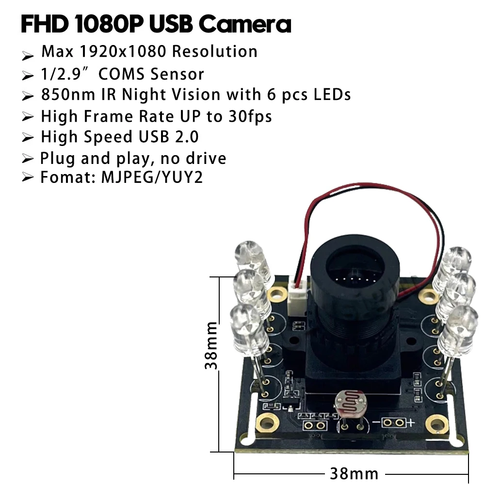 1080P 850nm IR Infrared Night Vision USB Camera  Auto IR-Cut Switching All-Day Image USB2.0 Webcam Board  For PC Android Mobile