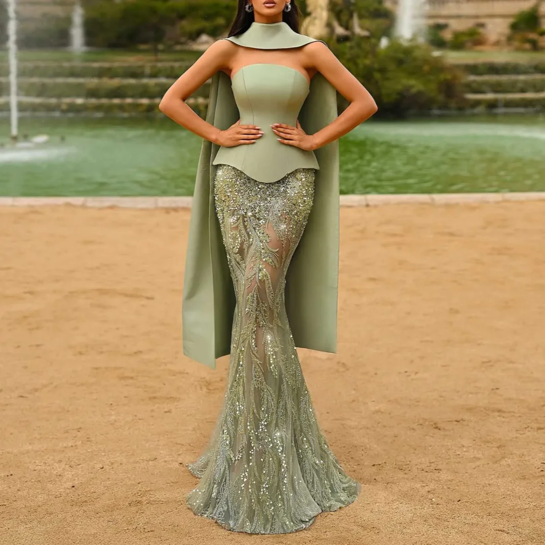 

Sparkle Beaded Lace Formal Occasion Gown Unique Evening Dress Haute Couture Mermaid Prom Dresses with Scarf Customized