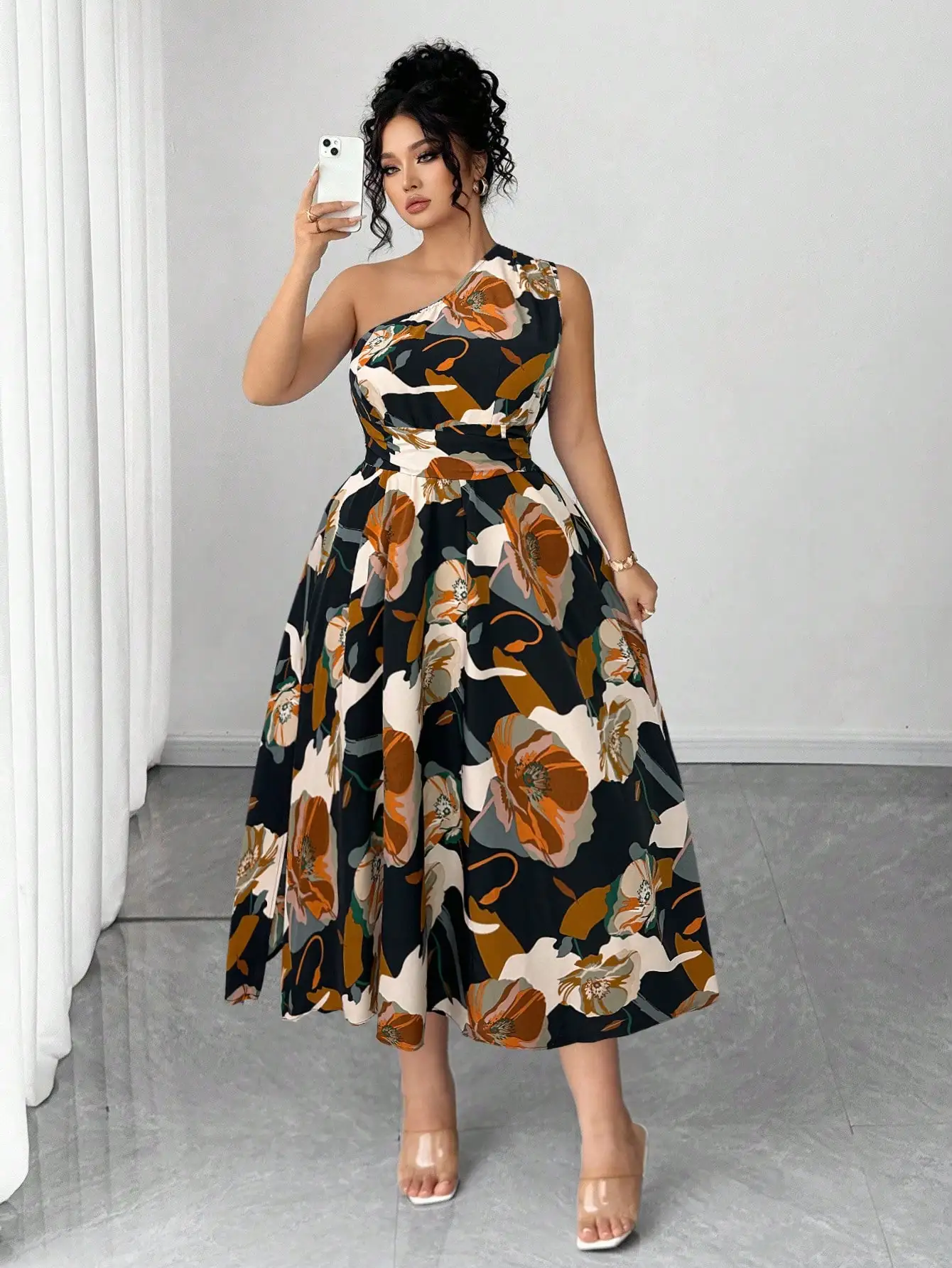 

One Shoulder Floral Print A-Line Midi Dress For Women Elegant Party Wedding Guest Outfit