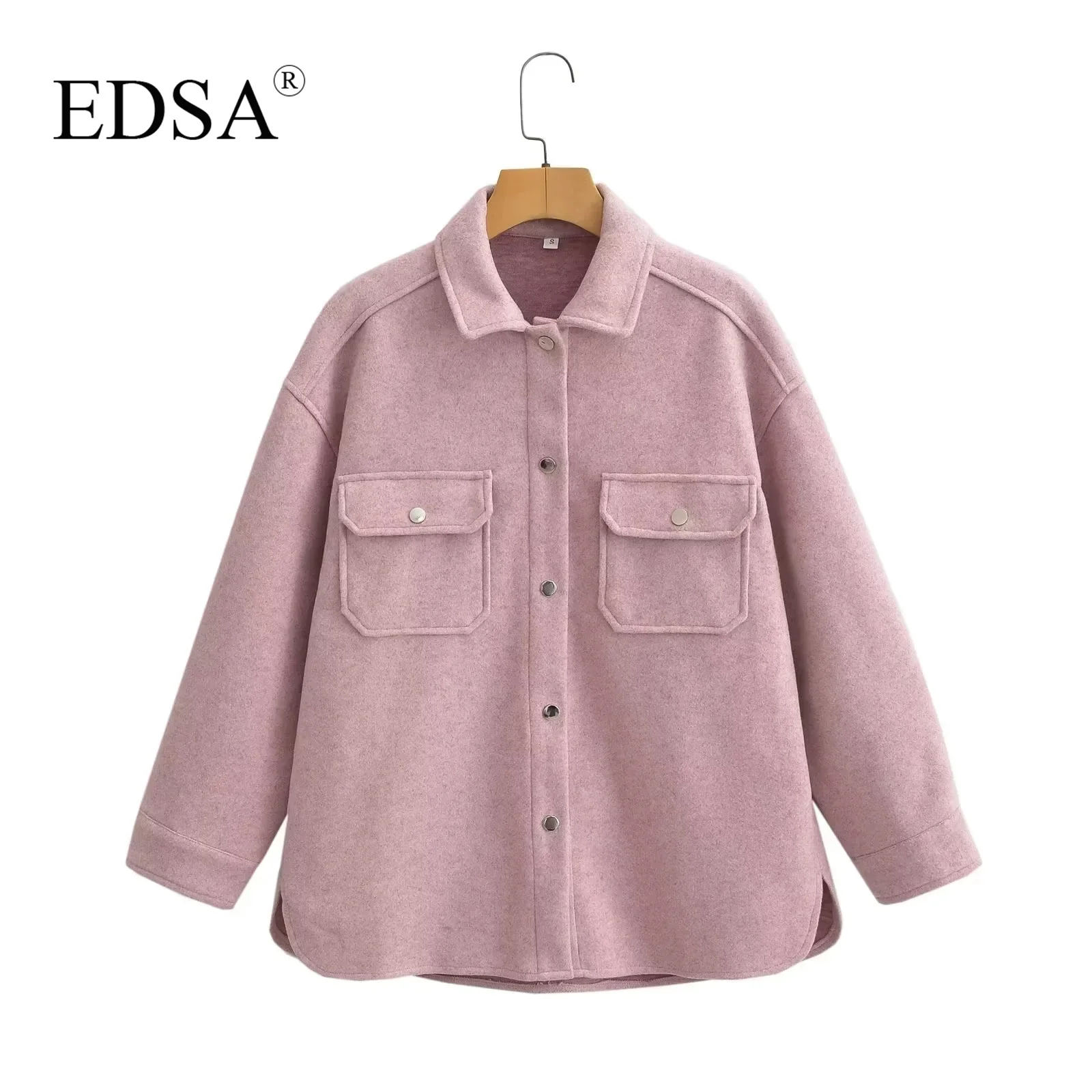 EDSA Women Shirt  Jacket with Flap Pockets for Autumn Winter Long Sleeves Thick Warm Coat Female Vintage Outerwear