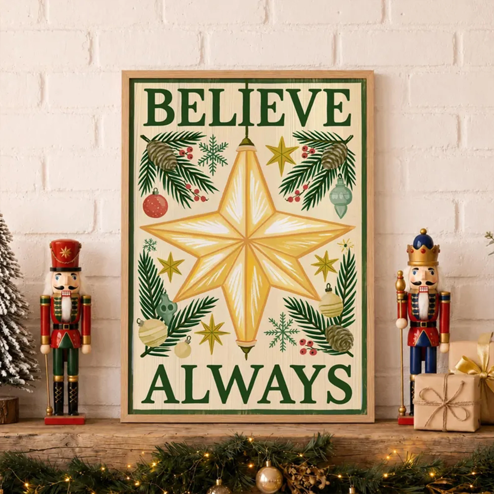 Modern Christmas Star Believe Always Quotes Wall Art Print Canvas Painting Poster Picture For Living Room,Bedroom Home Decor