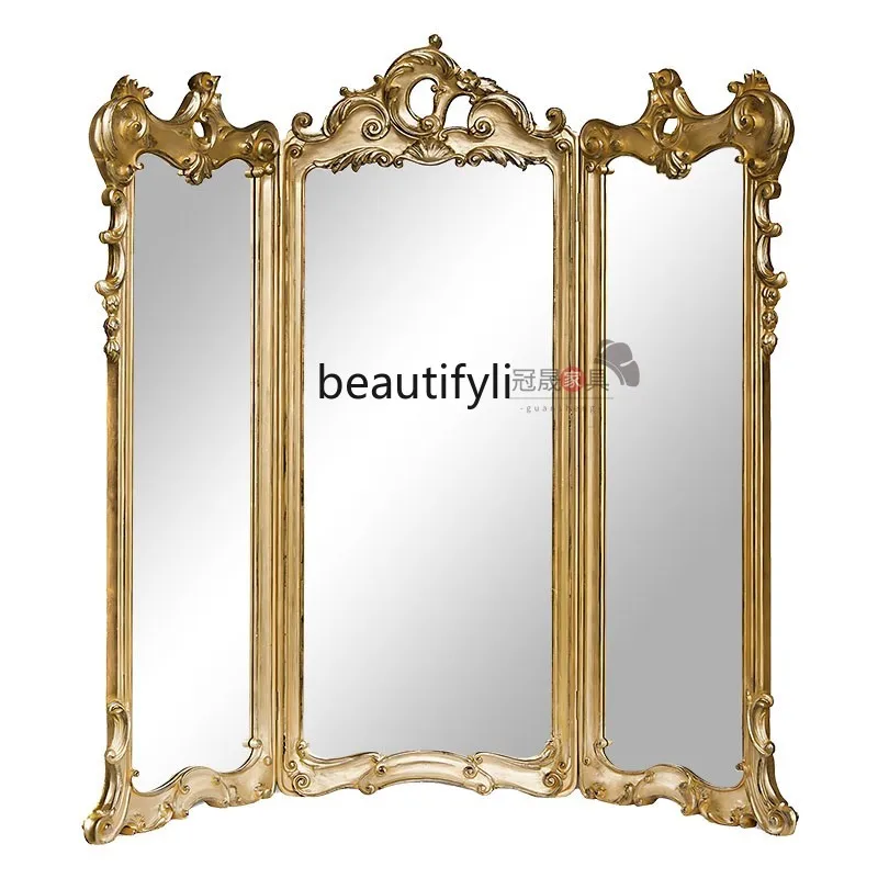 

European carved makeup mirror wall hanging, bathroom vanity mirror French retro bedroom porch fireplace