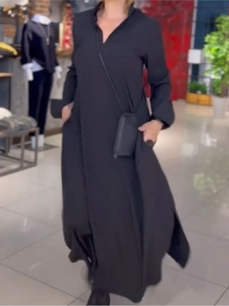 New Autumn And Winter Casual Solid Color V-neck Long-sleeved Pocket Dress For Women Fashion Elegant Black Loose Dresses Femme