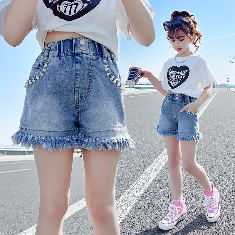 Hot Girl Hip Hip Summer Denim Shorts with Pearls Pocket For Tweens Child Fashion Street Raw Hem Bottoms Kids Casual Mini Shorts
