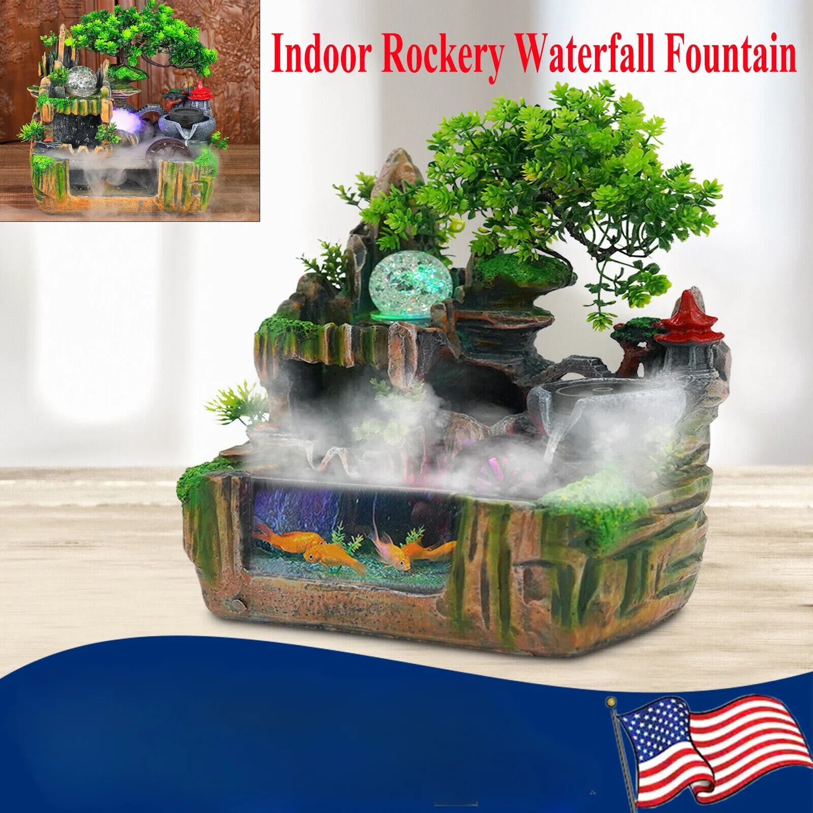 

US Indoor Rockery Waterfall Fountain Feng Shui Audio Desktop Fountain with LED-