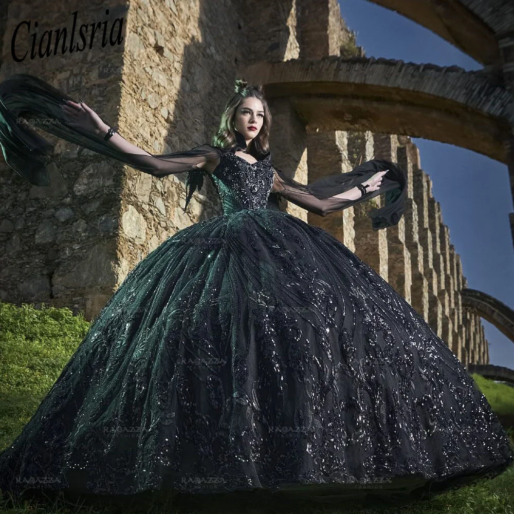 Vestido De baile De encaje con apliques De lentejuelas góticas negras, quinceañera, chaqueta con cuentas De cristal, corsé, 15