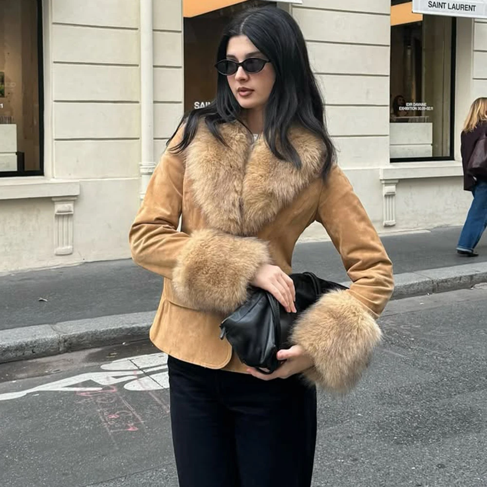 

Ticketsx Fashion Suede Fur Collar Jacket Women Single Breast Pockets Slim Women Coat Elegant Vintage Winter Warm Street Clothing