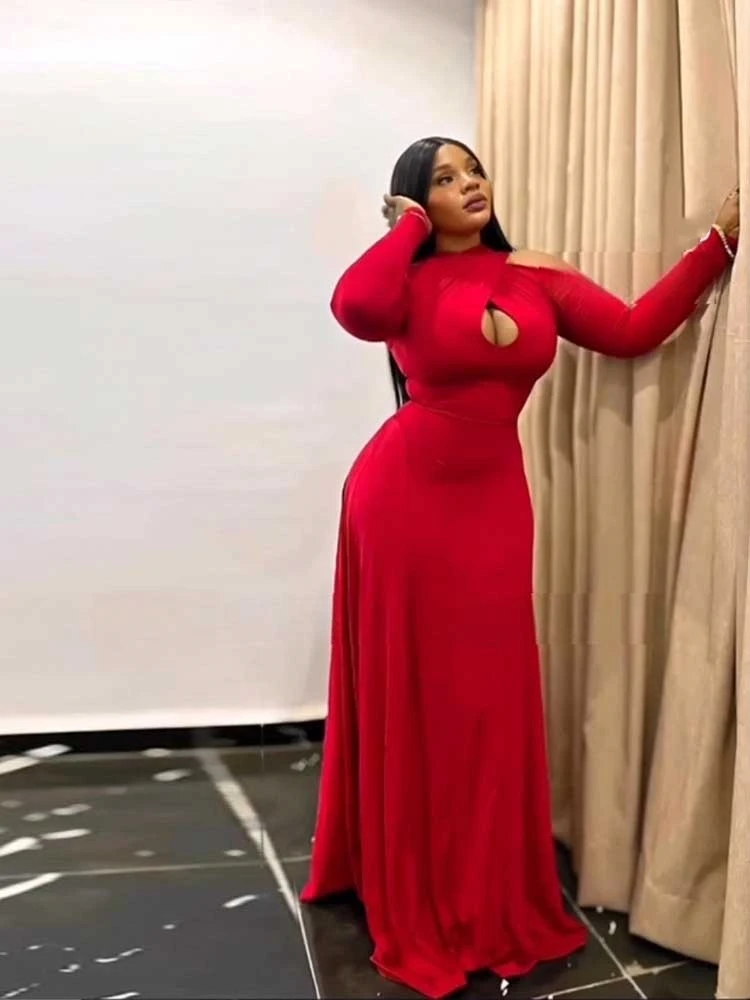 Elegant Autumn Party Dress for Women Solid Color Long Sleeve Maxi Evening Dress Cut Out Slimming Dress Wholesale Dropshipping