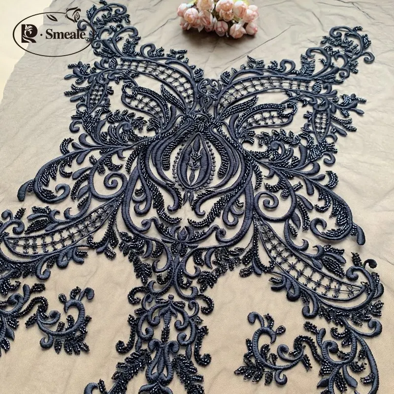 Black  Ivory Red Beaded Luxury Embroidery Lace Back Flower Stickers Wedding Dress Fashion Show Decoration Handmade DIY RS4122