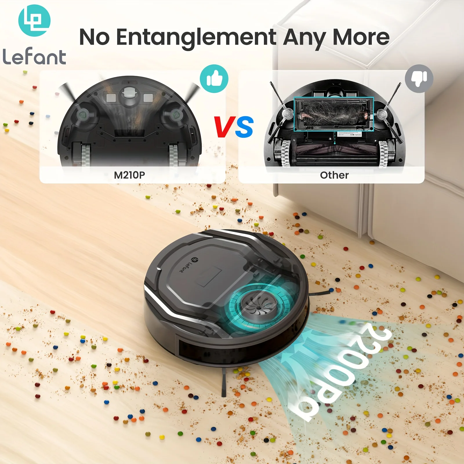 Lefant M210Pro Robot Vacuum Cleaner for Home, 2-In-1 Cleaning And Mopping, 2200Pa Powerful Suction, Tangle-Free, Wifi/Alexa/App/Wireless, Ideal for Pet Hair, Hard Floors, Carpet