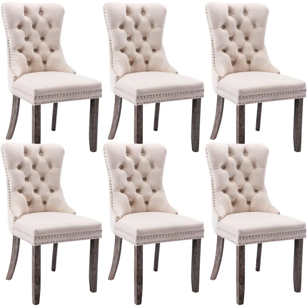 

Tufted Dining Chairs Set of 6, Velvet Upholstered Dining Chairs with Nailhead Back and Ring Pull Trim, Solid Wood Dining