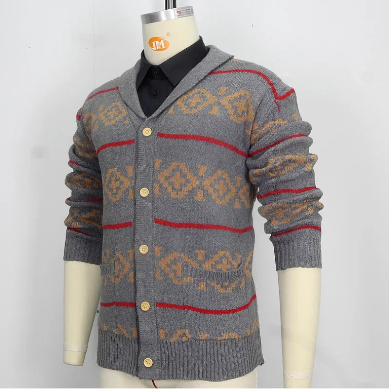 2024 New Autumn Winter Men's Europe Sweartercoat Vintage Button Sweaters Casual Knitted Cardigan Jacquard Knitwear Sweater Coat