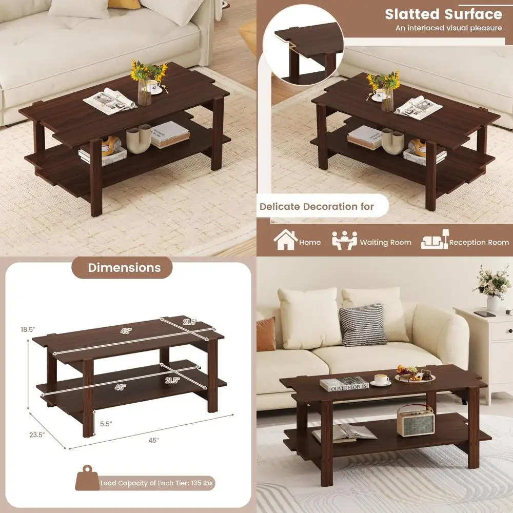 

45 Inch Modern Rectangular Coffee Table with Storage and Slatted Design for Living Room