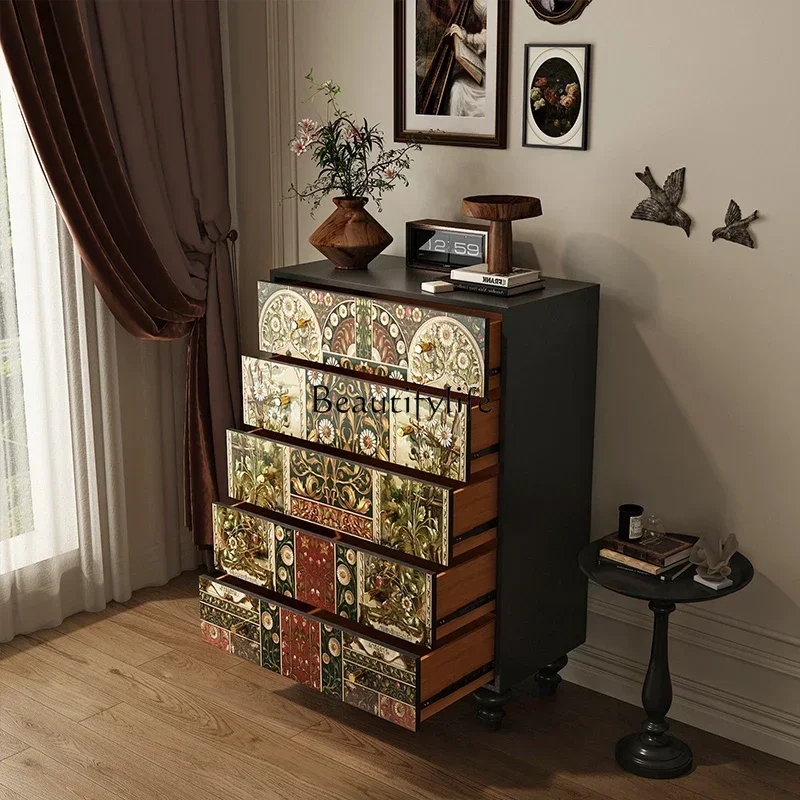 

French solid wood chest of drawers, storage locker in the corner of the living room against the wall