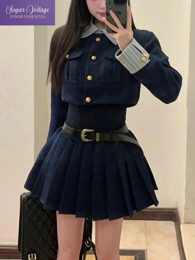 

Autumn New Fashion Women 2 Piece Set Heavy Design Elegant Tweed Style Jacket Slim Waist Pleated Dress Outfit Retro Vintage Chic