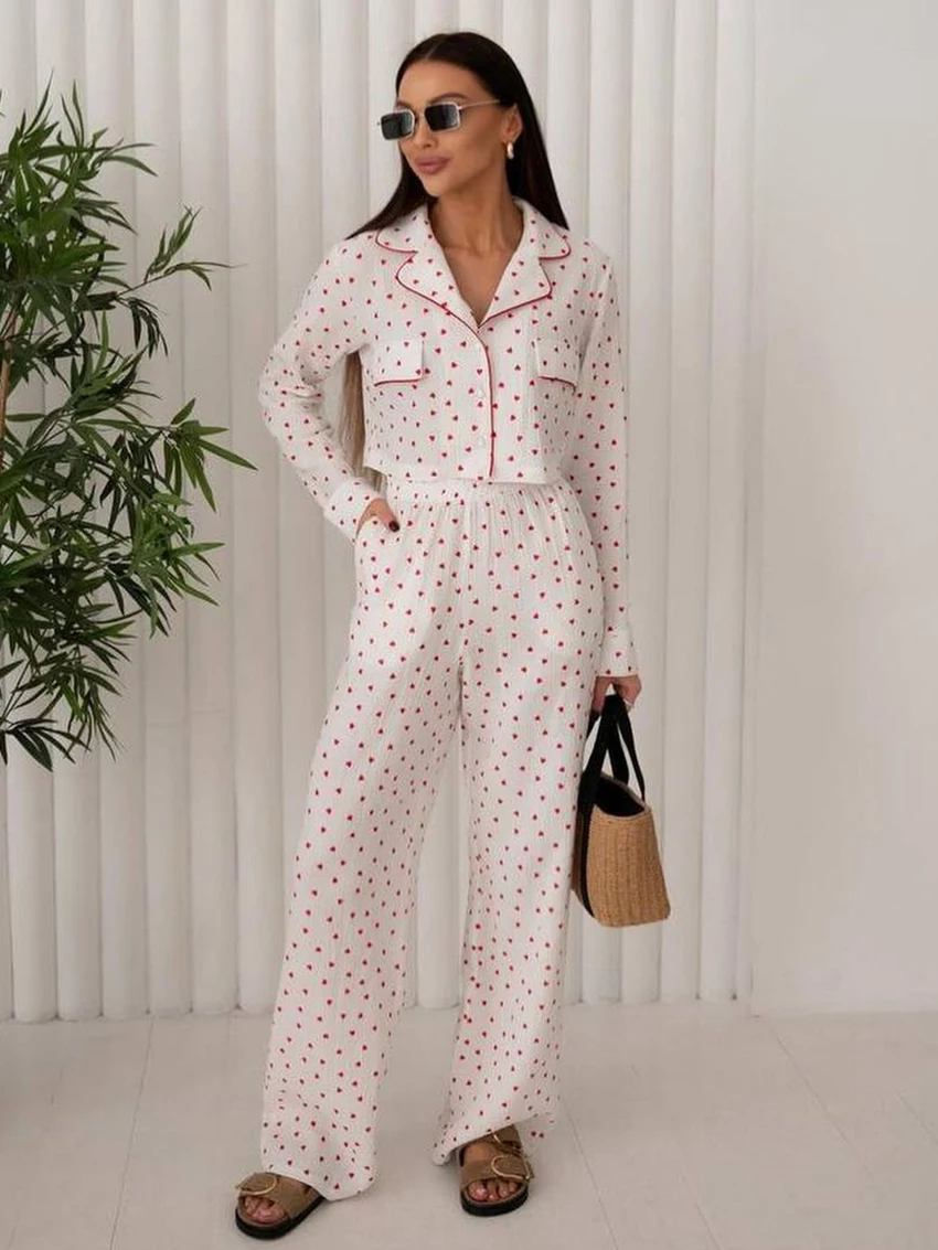 

Marthaqiqi Printing Female Pajamas Suit Long Sleeve Nightgowns Sexy Turn-Down Collar Sleepwear Pants Casual Women Nightwear Set