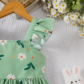 Girls Summer Plant Print Dress 4 Girls' summer style small fly sleeve plant print dress 4