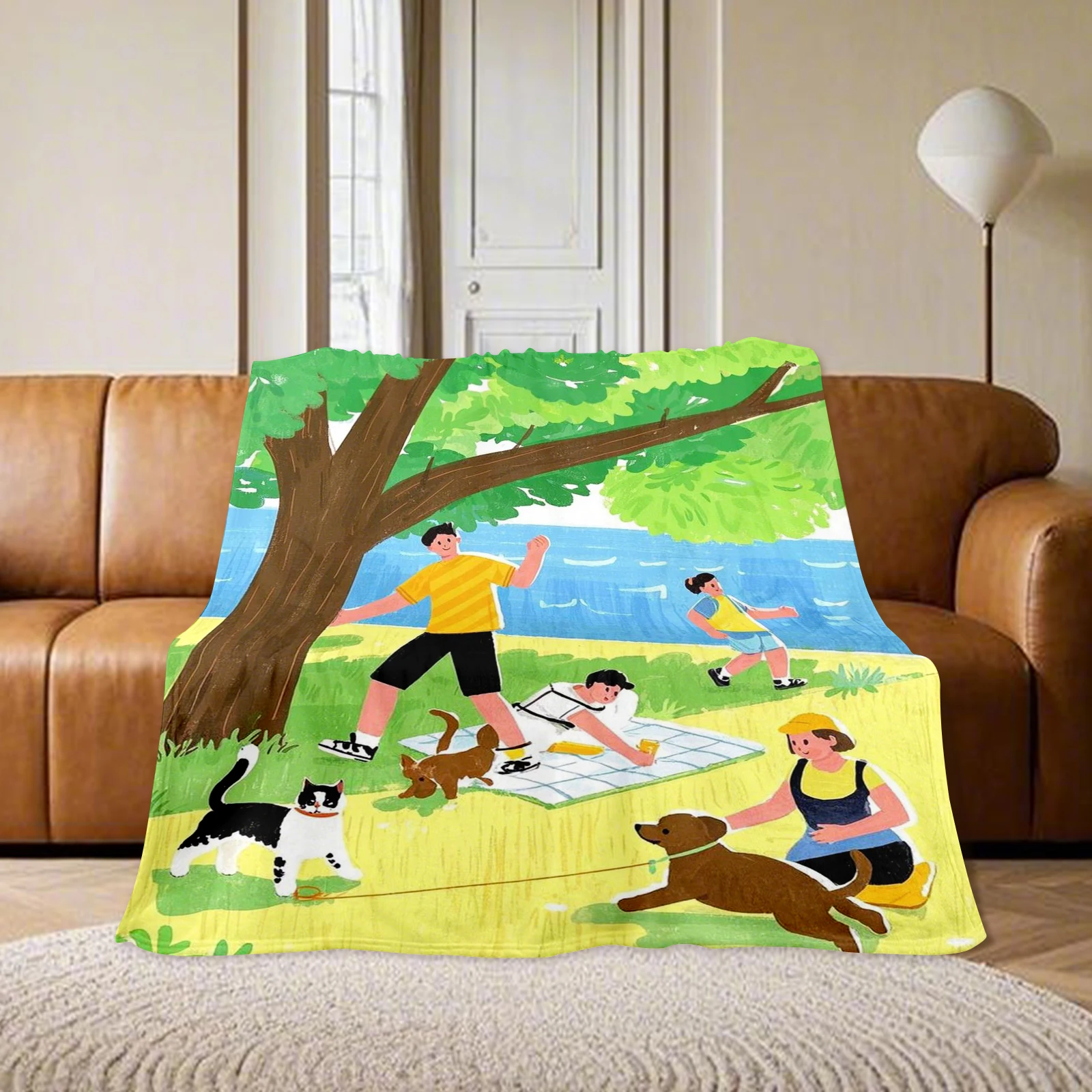 Cartoon People And Dogs Playing On The Grass Blanket Perfect Gift For Loved Ones Brings Joy And Laughter