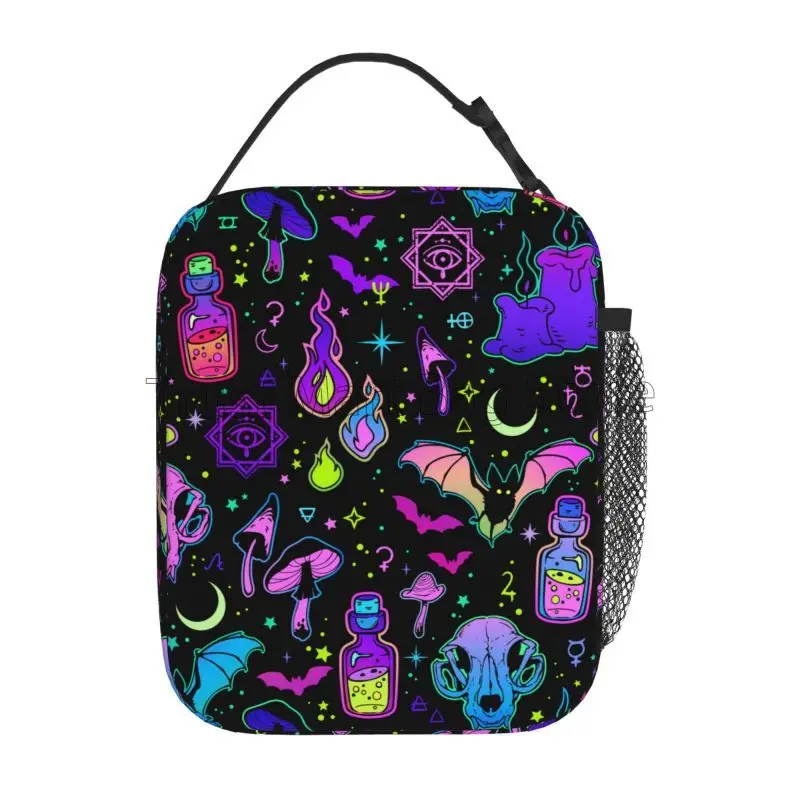 Halloween Magic Skull Bat Mushroom Bright Insulated Lunch Bag Portable Reusable Thermal Oxford Tote Bag for Work School Travel