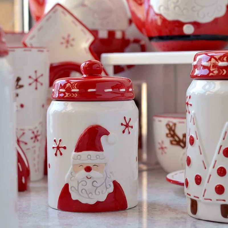 Santa Claus Elk Tree Round Ceramic Sealed Jar Candied Dried Fruit Nut Food Storage Container Kitchen Accessories Candy Jars