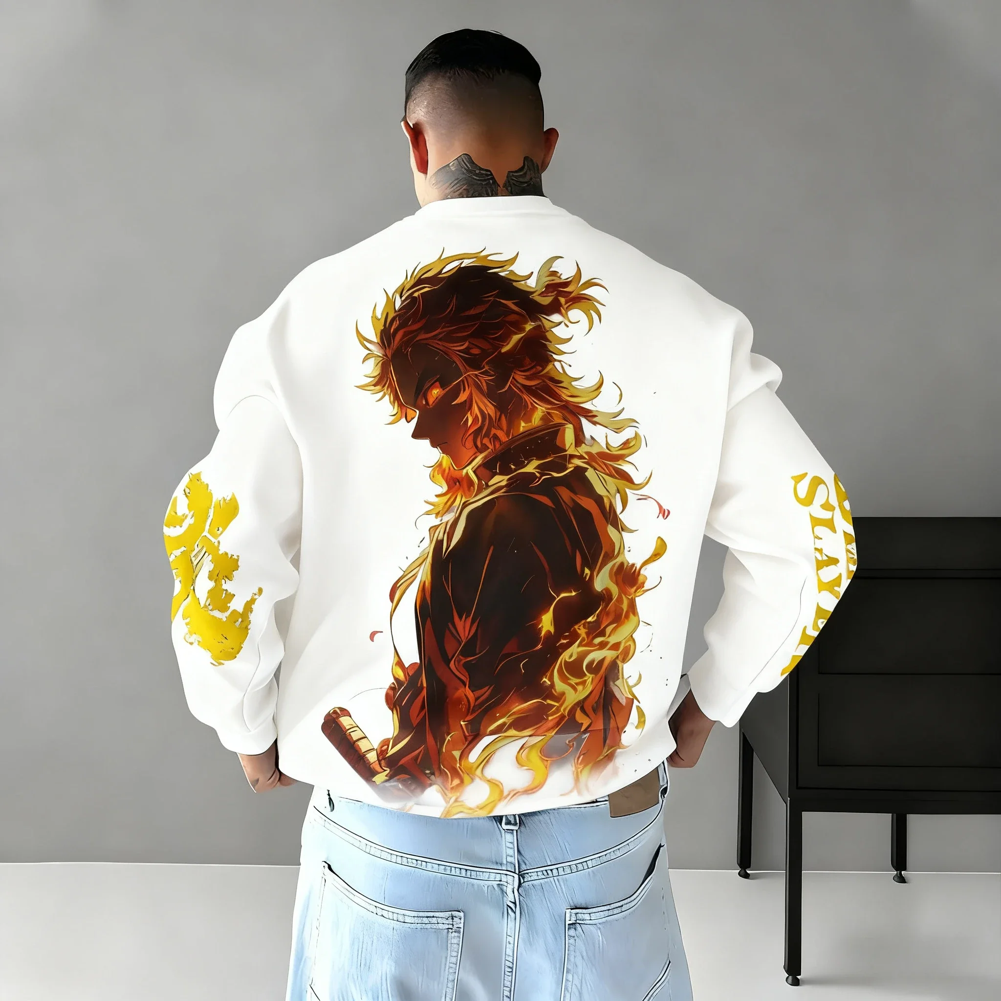 Sweat à capuche sans tête imprimé Demon Slayer Anime Rengoku Kyoujurou, automne/hiver 2026, pull ample à col rond pour hommes, Harajuku quotidien