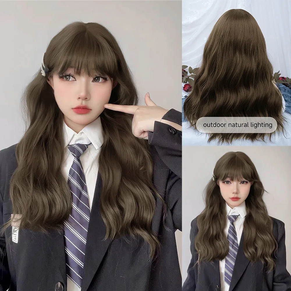 24 Zoll coole braune Lolita Preppy Style synthetische Perücken mit Knall lange natürliche gewellte Haar Perücke für Frauen täglich Cosplay hitze beständig