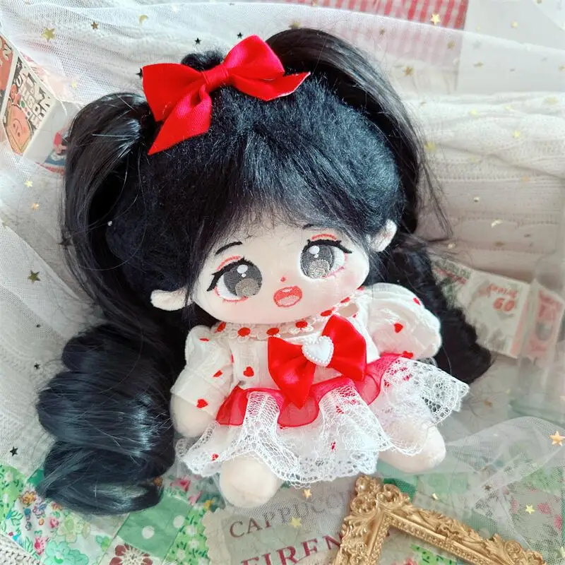 20cm Cartoon Lolita Style Red Bow Dress White Princess Shoes  Ponytail Set Idol Doll Clothes DIY Dress Up Plush Doll Accessories