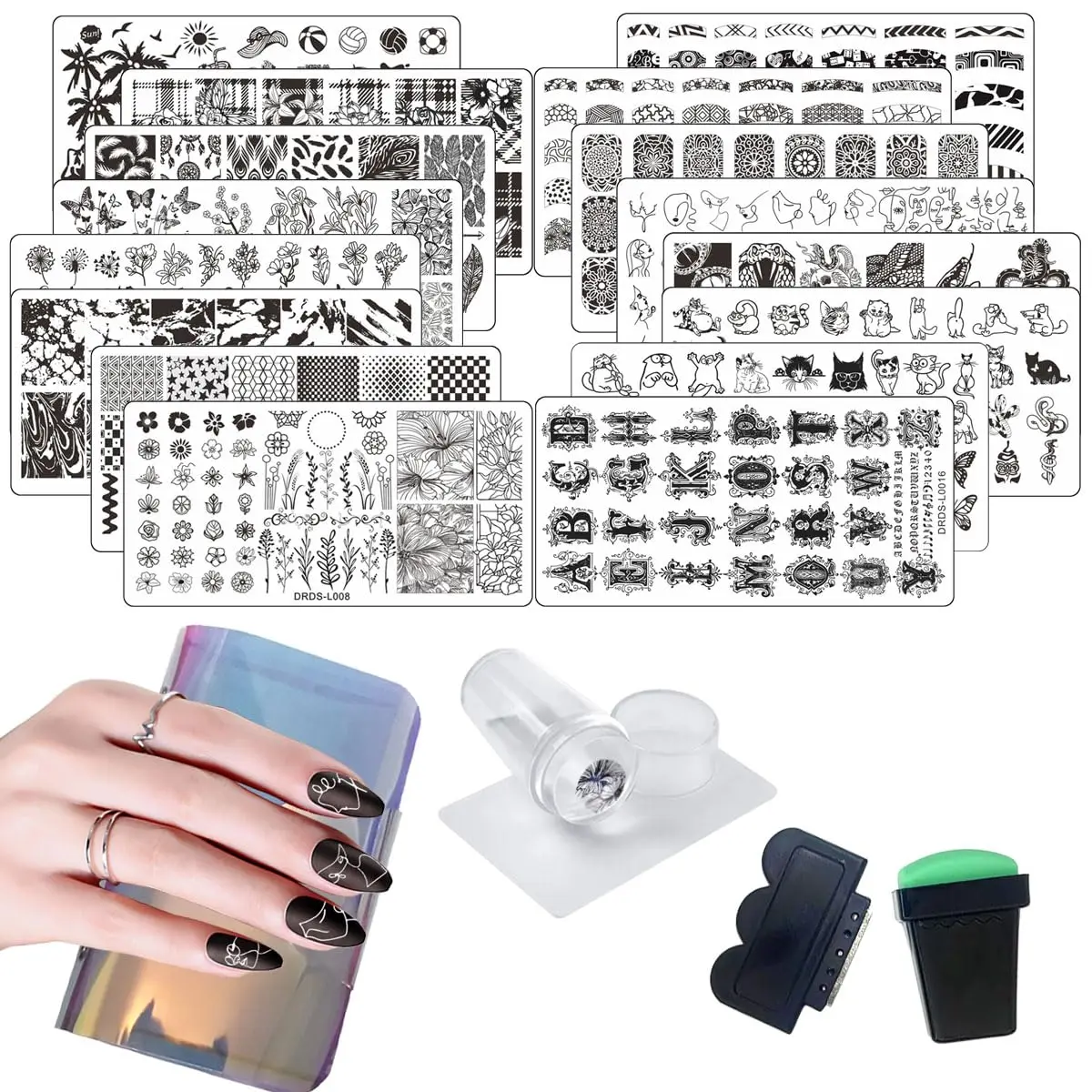 

21-Piece Nail Stamp Plates Set with 16 Designs, 2 Stampers, 2 Scrapers, and Storage Bag for DIY Nail Art