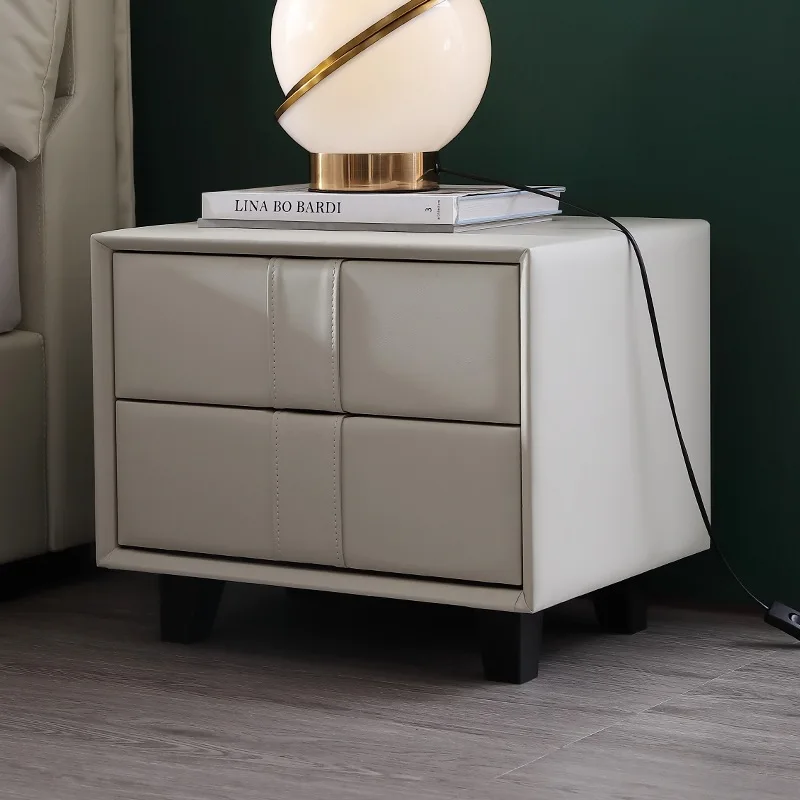 Simple bedroom solid wood bedside table Italian solid wood drawer bedside table leather modern locker storage cabine
