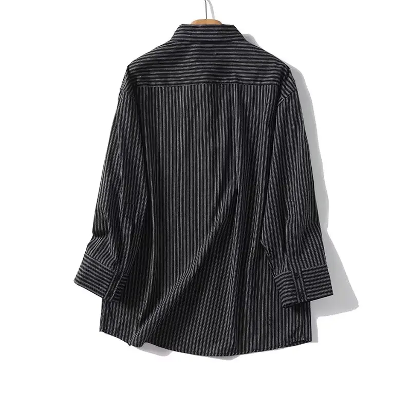 Withered French Minimalist Retro Blouse Women Striped Shirt Women Tops Fashion Ladies Loose Long Sleeve Autumn Tops