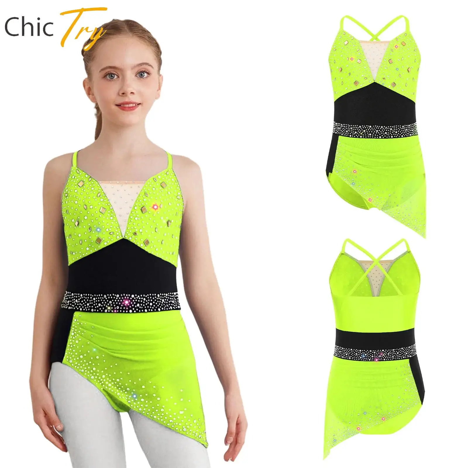 

Kids Girl Ballet Lyrical Dance Dress Sparkly Rhinestones Ruched Dress Artistic Figure Ice Skating Gymnastics Performance Costume